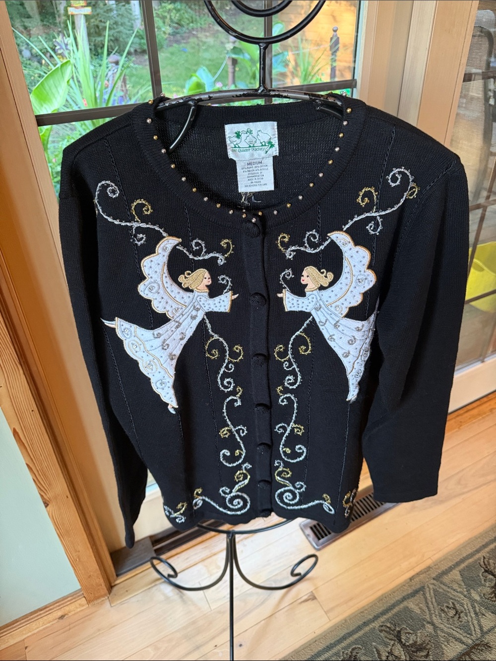 Quaker Factory Vintage Black “Believe in Angels” Christmas Cardigan Sweater M
